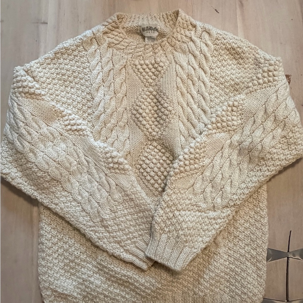 Vintage Badge Boys 100% Wool Fisherman Sweater Cream Aran Cable Heritage Knit